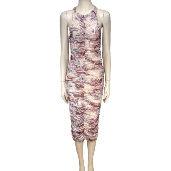 EDIT‎ BY NINE Ruched Bodycon Candy Pink Tulle Stretch Print Midi Dress S - Picture 7 of 16